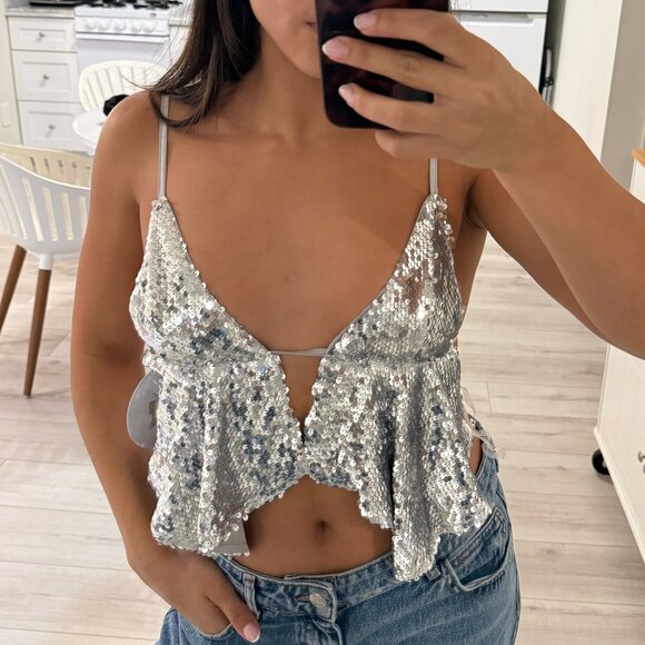 Princess Polly Silver Sparkly Going Out Top - Picture 1 of 2